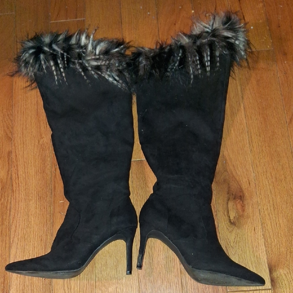 Elegant Black Faux Fur Trim Heeled Boots